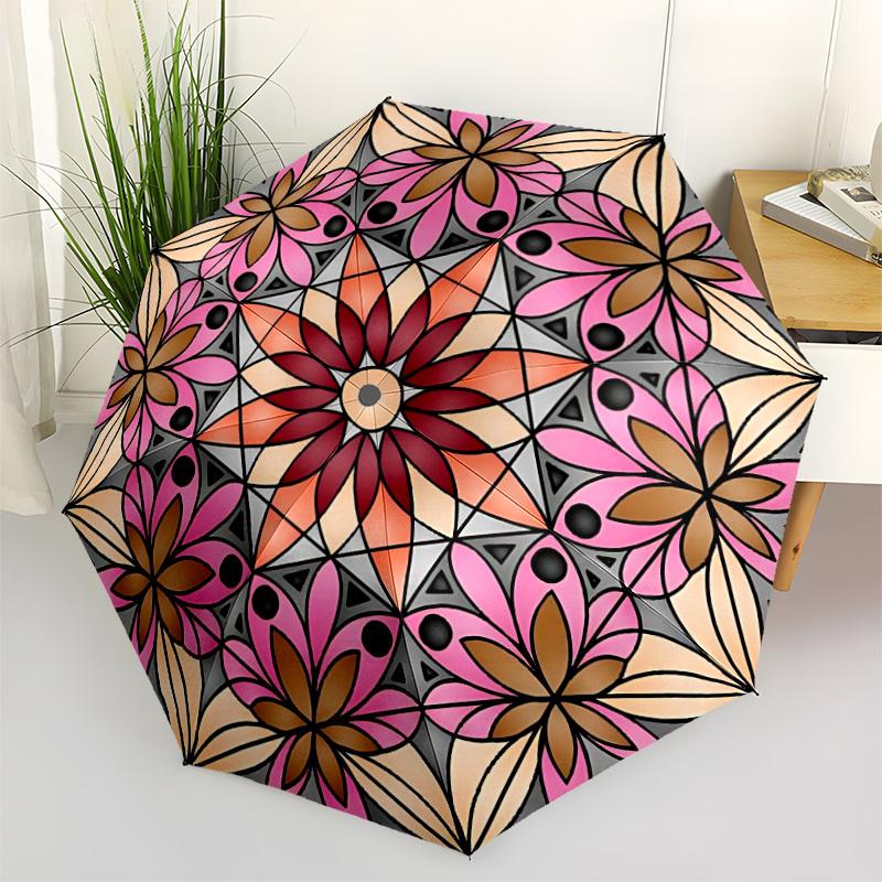 

1pc Floral Mandala Pattern Automatic Umbrella - Stylish, Durable, with 8-Rib Manual Open Design, Elegant Black Handleyy250920093