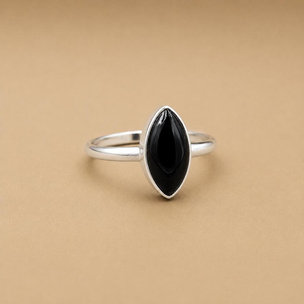Black Onyx Marquise Statement Ring – 925 Sterling Silver Minimalist Gemstone Ring