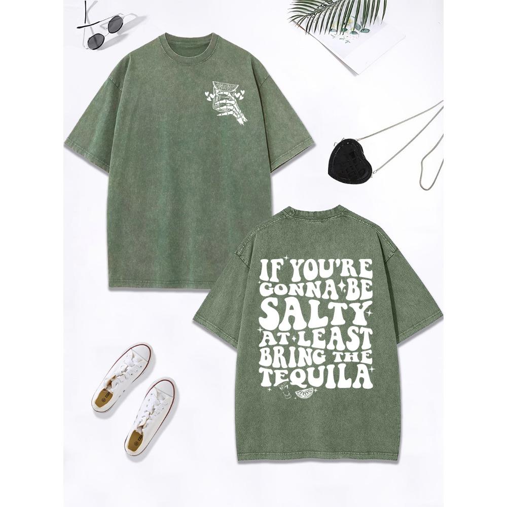 Least Bring The Tequila Prints Washed T-Shirt Women Cotton Oversize Tops O-Neck Distressed T Shirt Street Woman Clothes