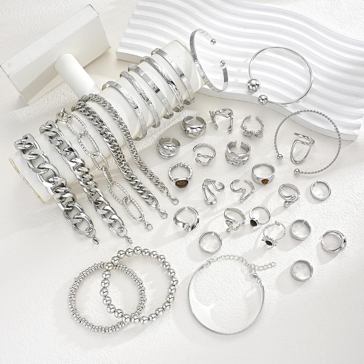 

37Pcs Silver Stackable Jewelry Set For Women Minimalist Trendy Layered Chain Bangle Adjustable Finger Ring Party Daily Wear Gift
