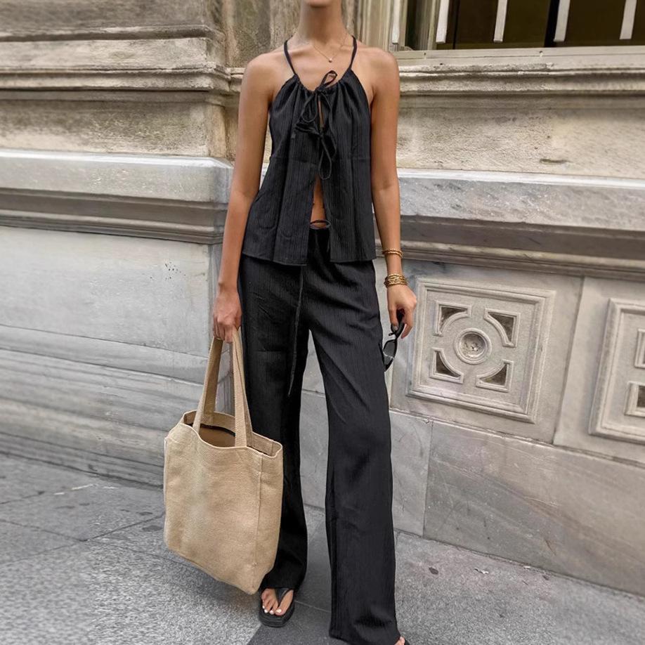 Tie-Neck Top And Long Pants Two-Piece Set, Summer Fashion Loose Casual Women Outfit