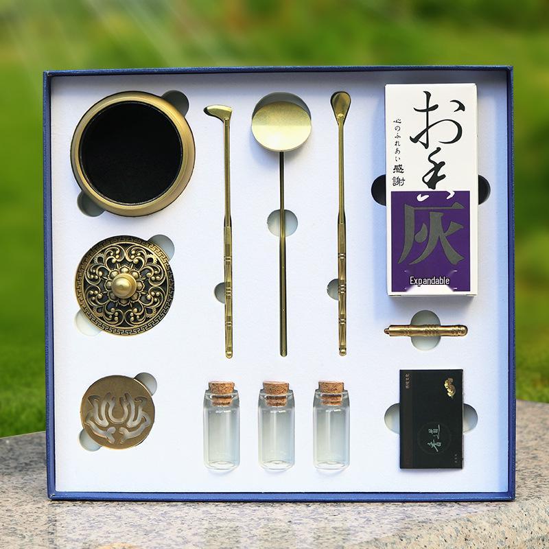 Kodo Incense Ceremony Set: Brass Incense Burner, Press, Seal, Spoon, Molds, Tools, and Gift Box.