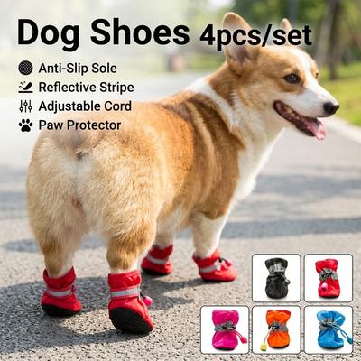 4PCS/Set Waterproof Dog Shoes Adjustable Drawstring Dog Boots Anti-Slip Rubber Sole Paw Protector Shoes All Season Pets Footwear