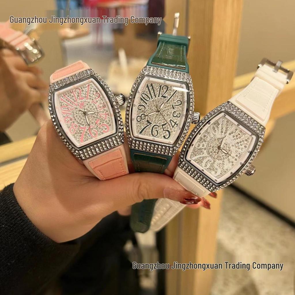 Richard Home Women's Barrel-Shaped Quartz Watch with Leather Strap and Diamond Face.