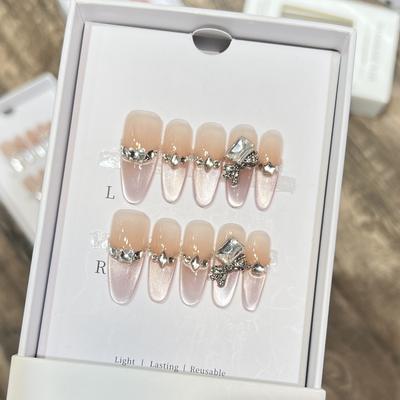 Rüstung tragen Handgefertigt Nude Temperament Stil Glas Katzenauge Französisch Glitzer Schmetterling Diamant Maniküre Abnehmbar