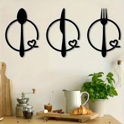 3 Stück/Set Metall Besteck Wanddekoration Matt Schwarz Löffel Gabel Messer Besteck Wandkunst Skulptur Zuhause Wohnzimmer Küche Wand Dekoschild