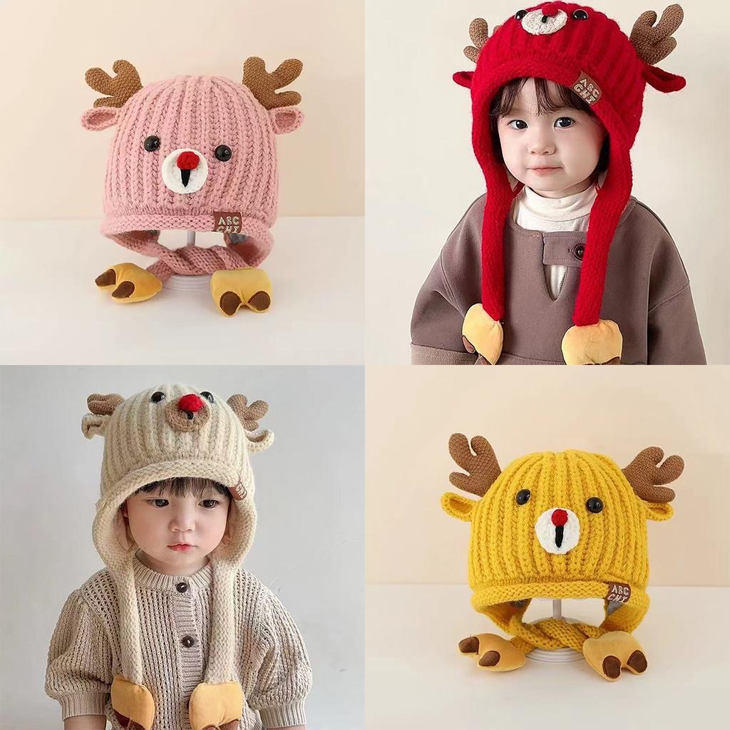 Cute Knitted Warm Baby Ear Protection Cap Christmas Elk Kids Winter Lacing Hat Outdoor Windproof Boys Girls Earmuff Beanie