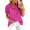 Women Ruffle V Neck Blouse Short Sleeve Casual Loose Fit Solid Top with Button Front and Puff Sleeves for Daily Wear