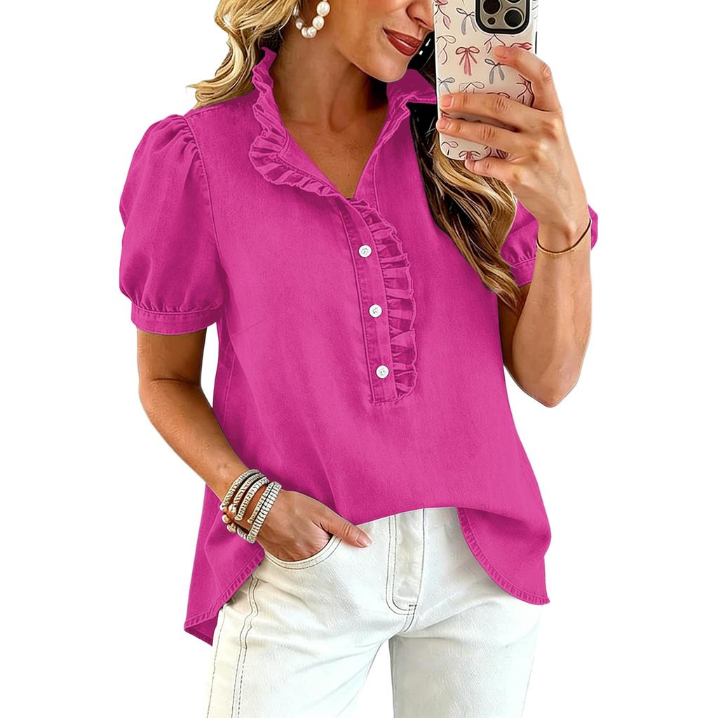 Women Ruffle V Neck Blouse Short Sleeve Casual Loose Fit Solid Top with Button Front and Puff Sleeves for Daily Wear