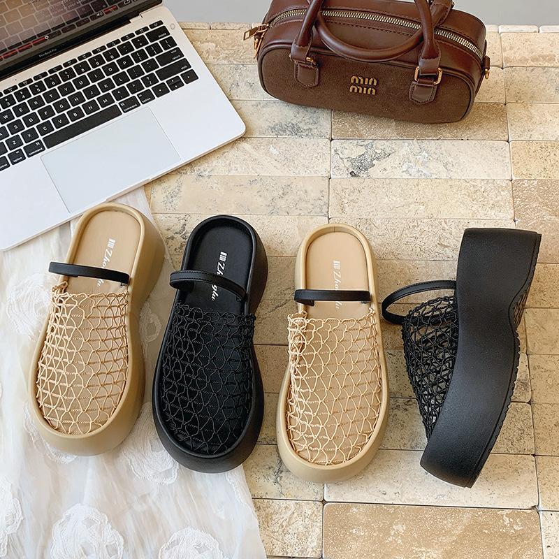 Retro mesh hollowed out bag head cool slippers women's summer wear thick-soled wedge heels high heels holiday word with sandals