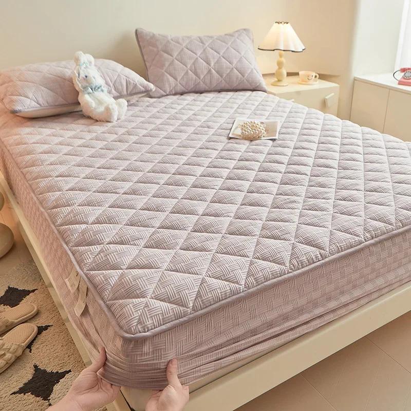 

Thicken Cotton Double Bed Sheets Elastic Fitted Sheet Quilting Bedsheet Home Bed Linen modern Mattress Cover Monochromatic 48x74cm pillowcase