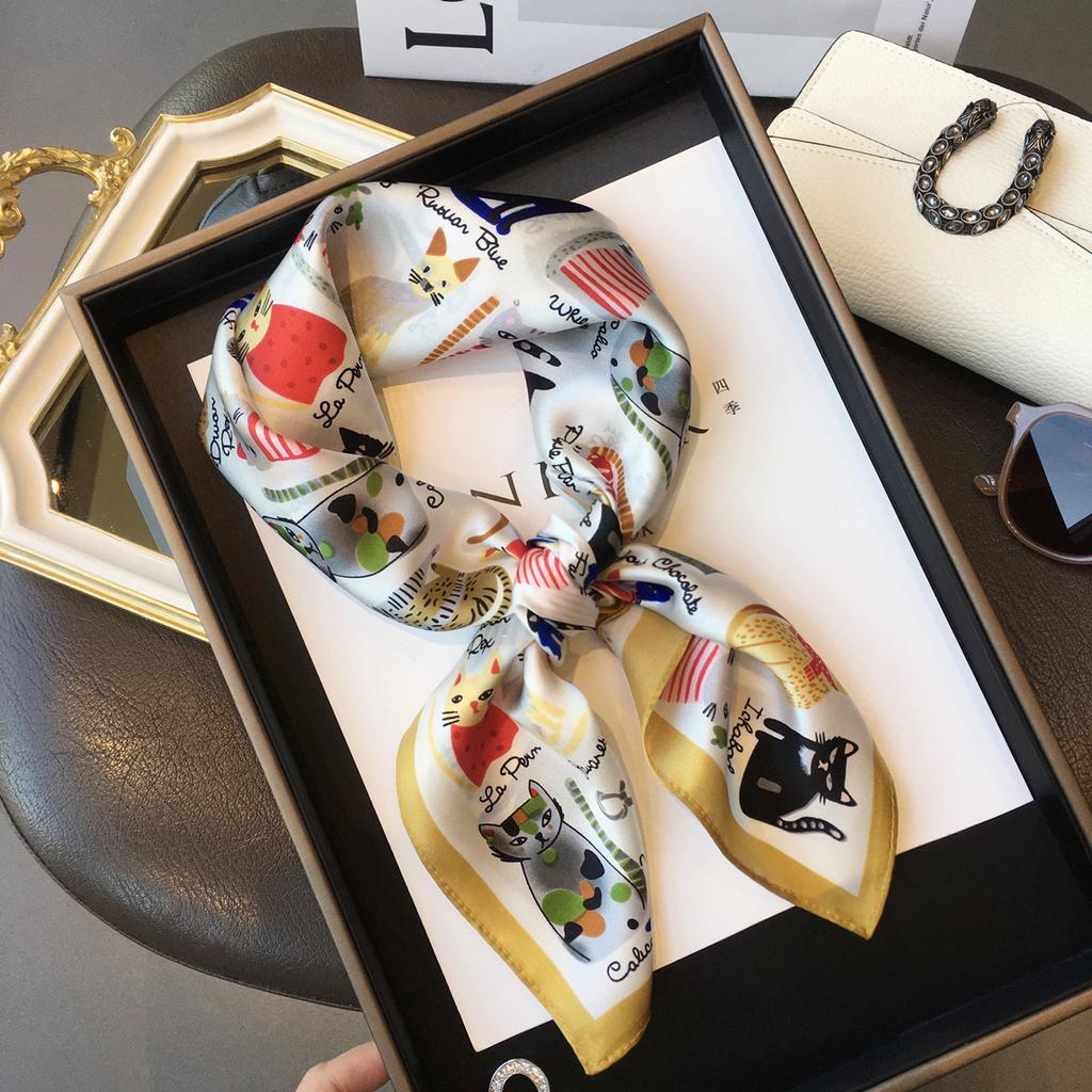 Luxury Brand  Silk Square Scarf Women Cat Neck Hair Tie Band Beach Hijab Kerchief Head Headbands Bandana Female Foulard 70cm