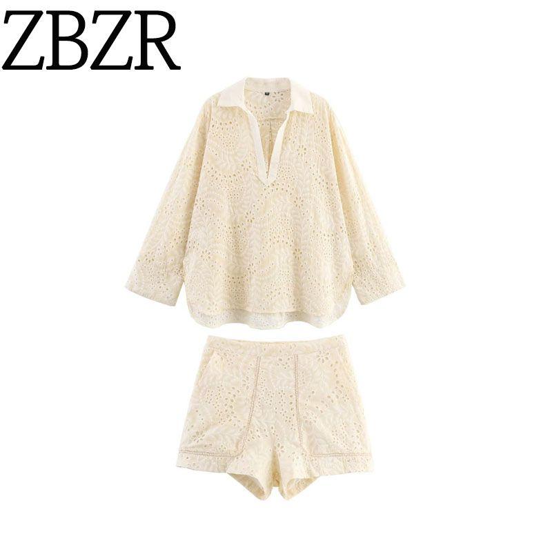 Za Autumn New Women Clothes 2025 Western Style Hollow Embroidery Shirts Casual Shorts 4786105 4786106