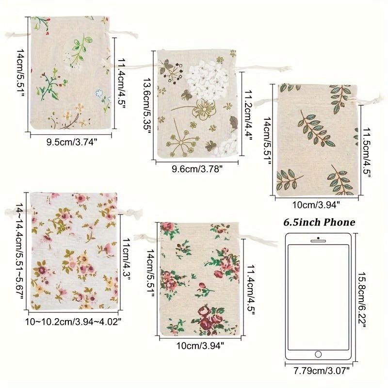 50 Pcs Pack Natural Floral Printed Linen Drawstring Bags White for Jewelry Wedding Decor Rustic Party Favors Gift Bags.