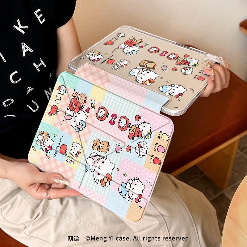 Cute Checkered Kitty Tablet Case IPad 10th/9th/8th Gen Air 5/4/3 Pro 11/12.9 Inch Anti-Slip Protective Cover