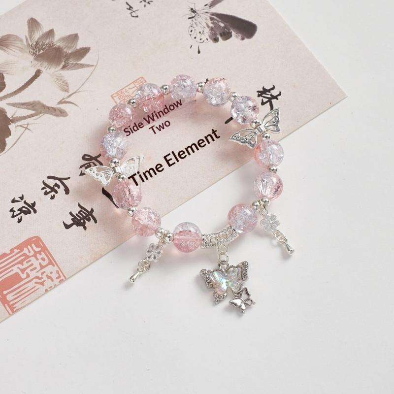 Sweet Chinese Style Butterfly Beaded Bracelet For Women Temperament Colorful Glass Beads Elastic Rope Bracelets Jewelry Gifts