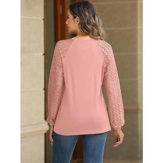 GMXIA Fall New Women's Long Sleeve Shirt for Women Lace Top Casual Autumn Knit Shirt