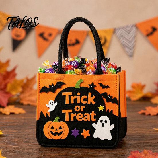Trick Or Treat Candy Holder Halloween or Bag, Felt Goodie Bag with Pumpkin Ghost Patches, Child-friendly Large Tote for Kids, Party Favor, Haunted