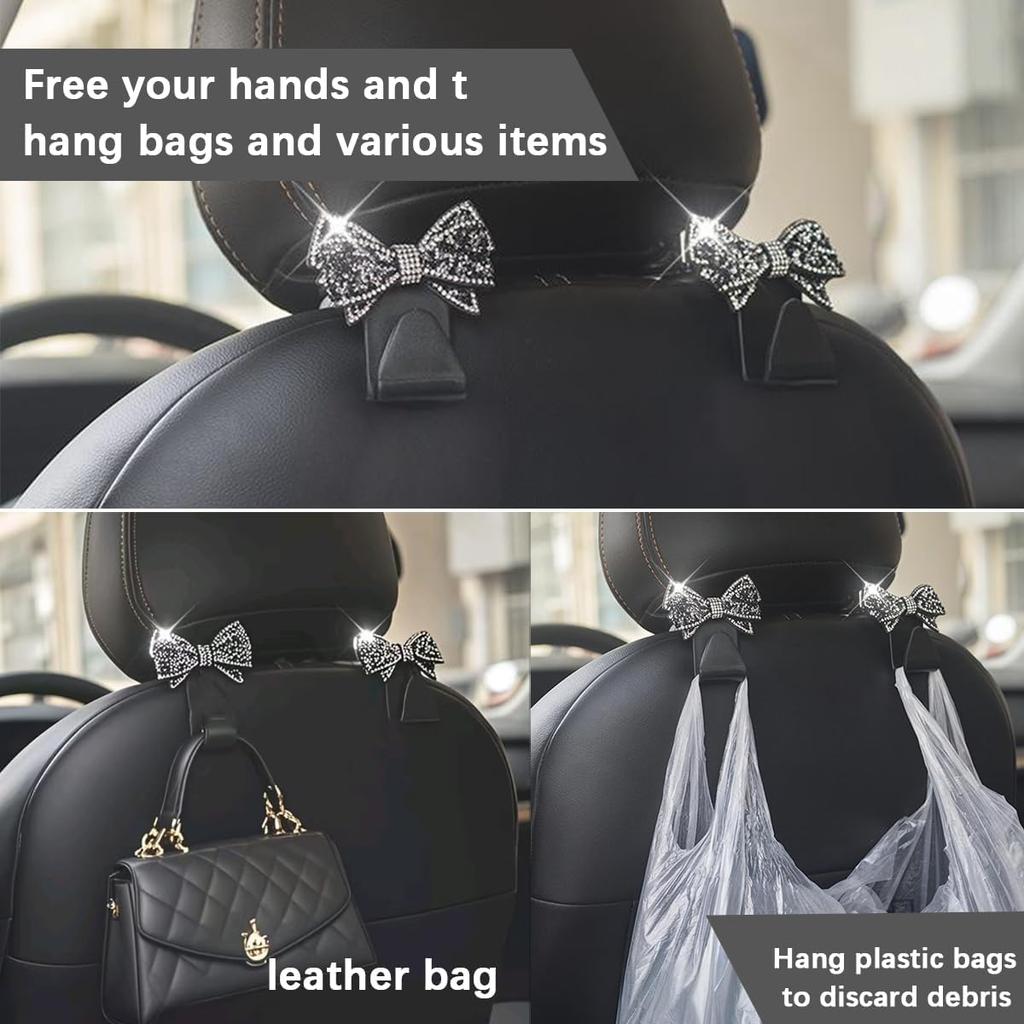Bling Car Headreat Hook, 2PCS Crystal Rhinestone Cute Bow Vehicle Seat Back Hanger Storage For Purses Bags Grocery, Diamond Auto Rear Seat Organizer,