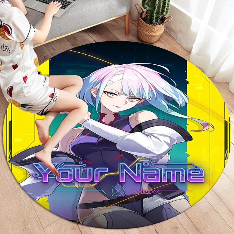 Cybernetic Future Heroine Custom Name Round Area Rug Carpet Rug For Living Room Bedroom Sofa Playroom Decor Nonslip Floor Mat