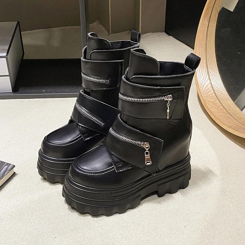 Fashion Women's Leather Ankle Boots Autumn Winter 11CM Heels Sneakers Round Toe Short Boots Woman Zip Motorcycle Platform Botas 2024