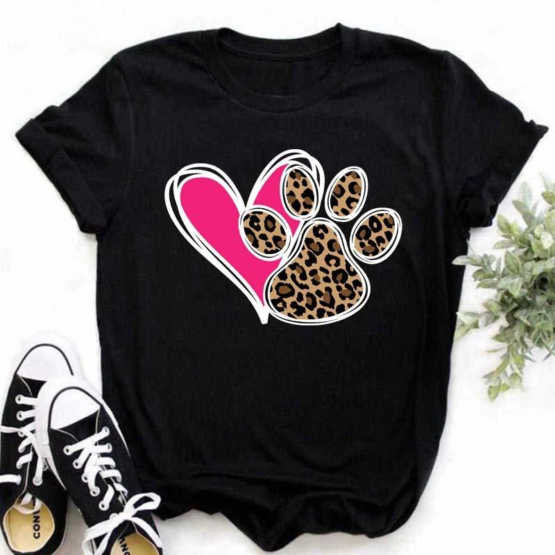Womens Black Dog Claw Printed Tshirt Leopard Love Printed Christmas Reindeer Design Short Sleeve Casual Holiday Tshirt