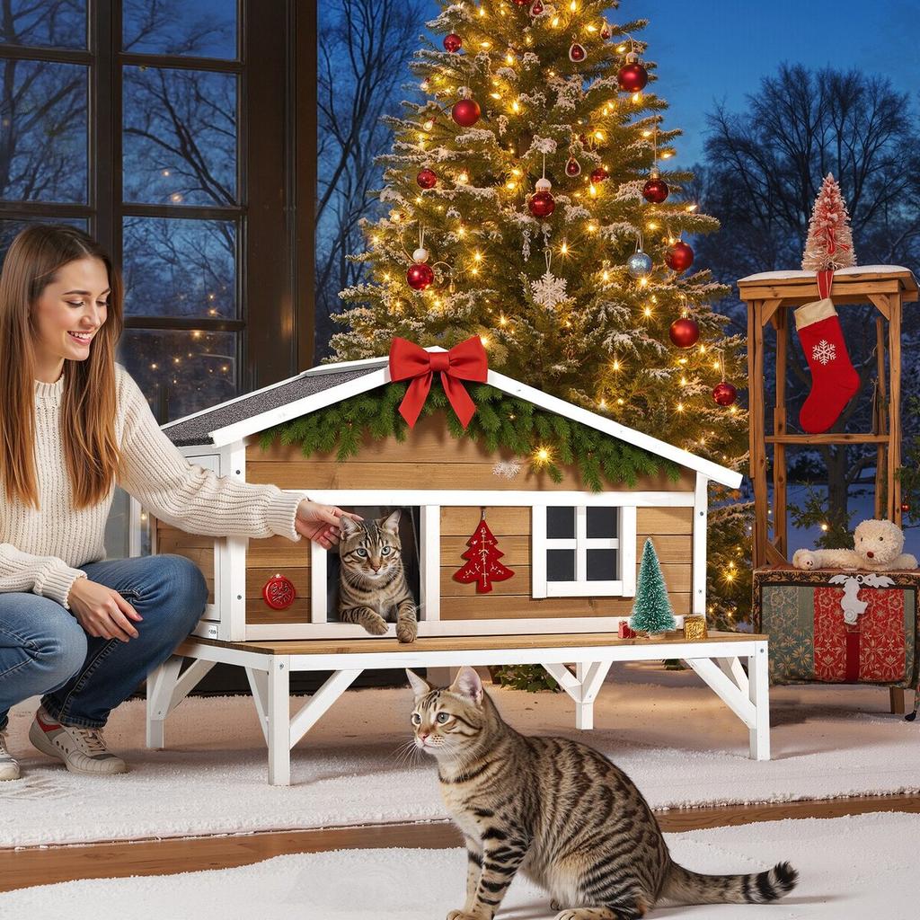 Insulated Cat House, All-Around Foam Insulation Elevated Cat Shelter, Wooden Feral Kitty Shelter with Large Platform, Waterproof Cats Condos for