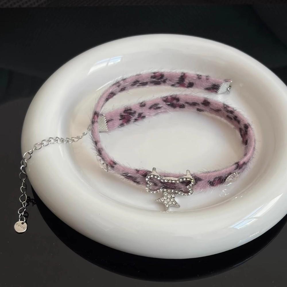 Plush Chokers Necklace Pink Leopard Print Neck Accessories Star Pendant Necklaces for Women Girls