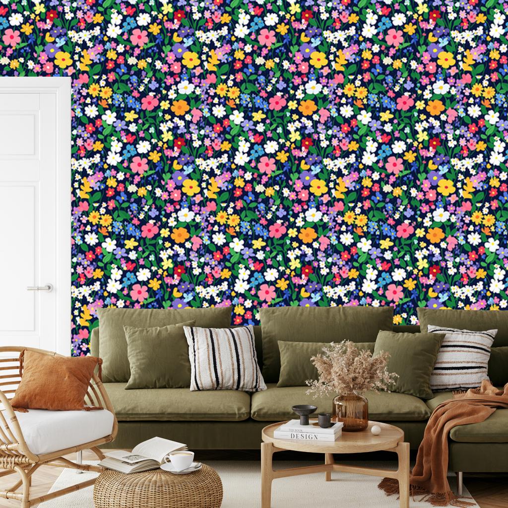 Wallpaper Small Flowers Blue and Navy Blue for Living Room and Bedroom 50x1000
