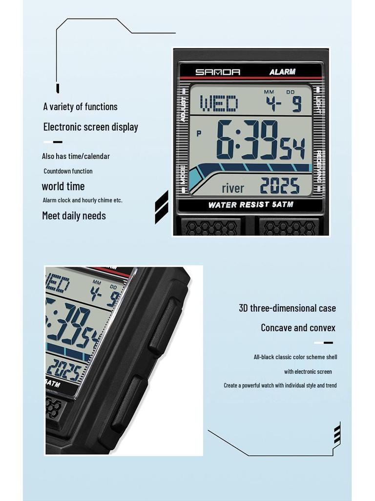 Sanda Men's Large Screen Luminous Multifunctional Waterproof Countdown Wristwatch
