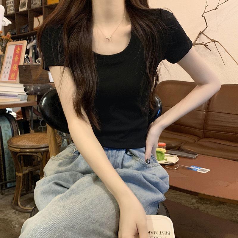 White Round Neck Tight Top Women's Summer Popular Super Popular Versatile Right Shoulder Short Style Slim Stretch Short-sleeved T-shirt Ins