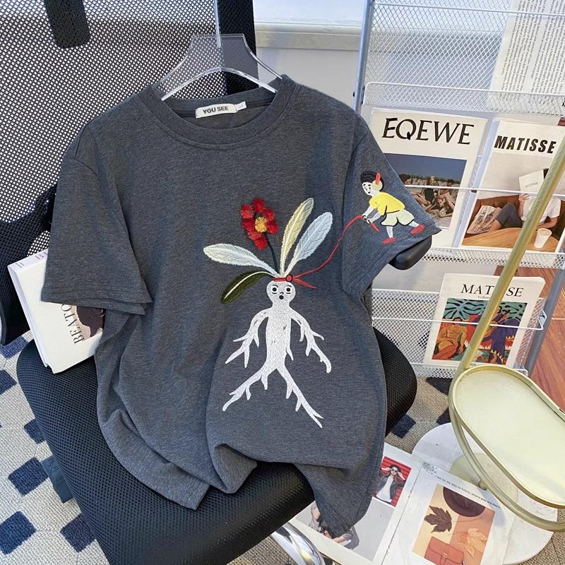 

Женская летняя ретро хлопковая футболка с вышивкой - Короткий рукав, свободный крой, дизайн, омолаживающий L