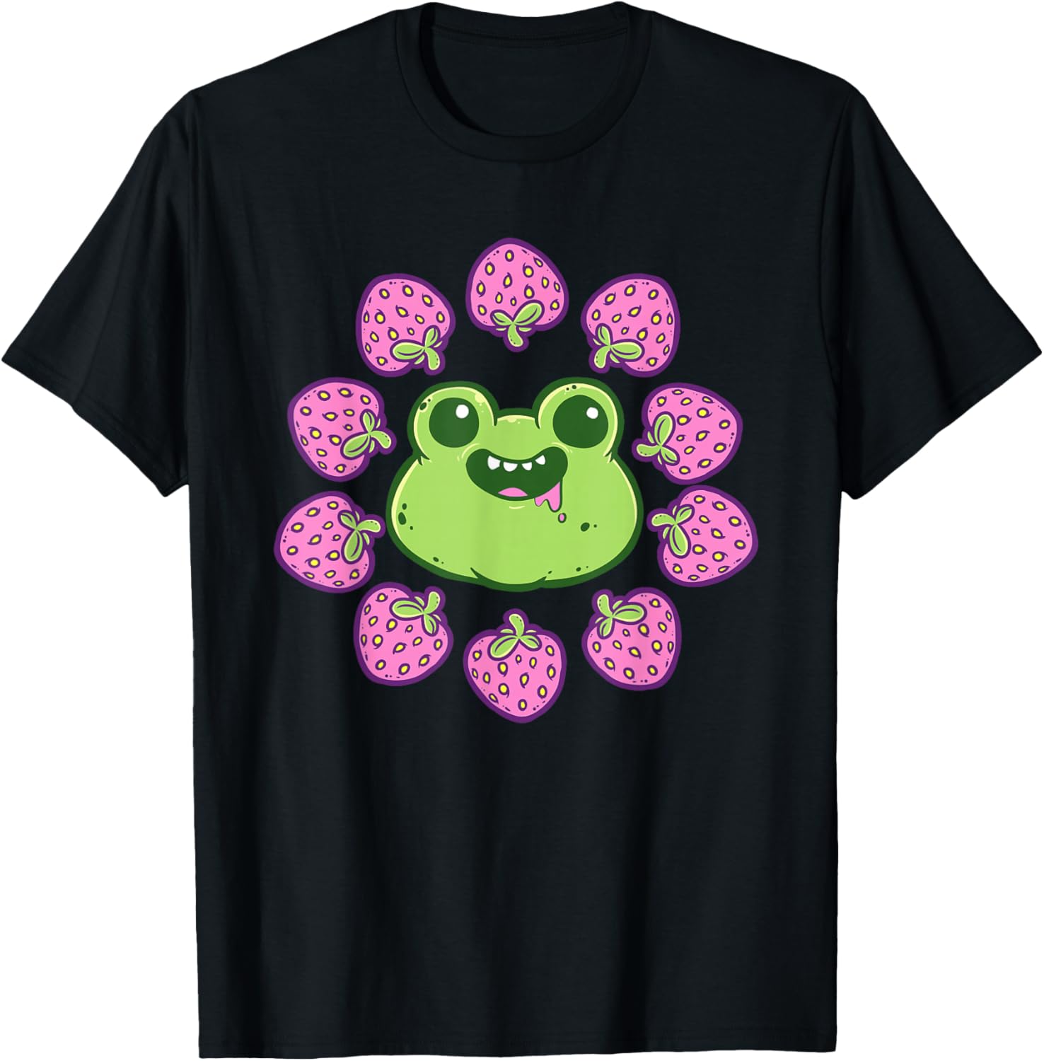 

Kawaii Frog Surrounded by Pink Strawberries Graphic T-Shirt Cottagecore Cute Print Tee 4XL