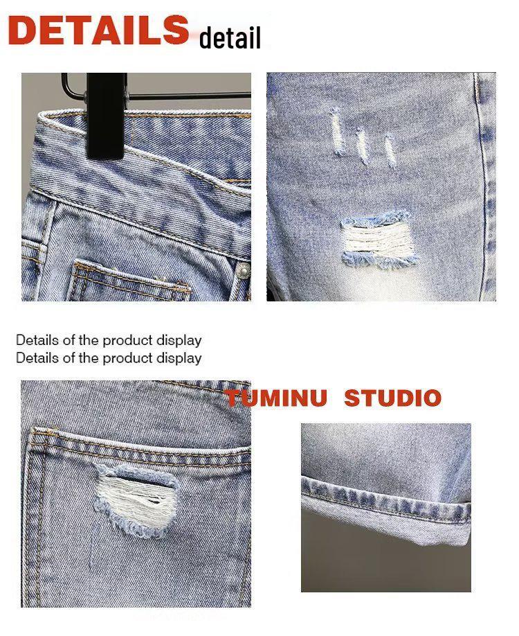 Men's Trendy Light Blue Ripped Denim Shorts, Korean Style Slim Fit with Distressed Pockets.