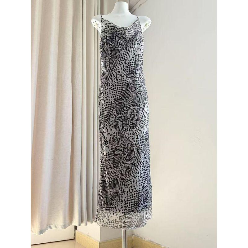 Out of Russia Foreign Trade Order Women Clothes Chiffon Python Pattern Swing Collar Sling Dress