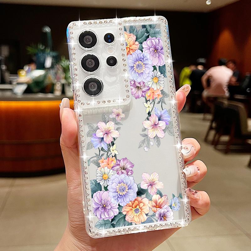 Husă Transparentă cu Cadru Diamant pentru Samsung S25 Edge S24 FE S23 Ultra S22 A56 A36 A16 A15 A55 A35 Model Floral Silicon Moale Antișoc Husă Bumper