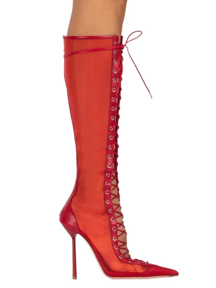 2025 Vår/Sommer Ny Snøring Korte Kule Støvletter Sideglidelås Bankett Slim Fit Høy Hæl Sexy Knelange Damestøvletter