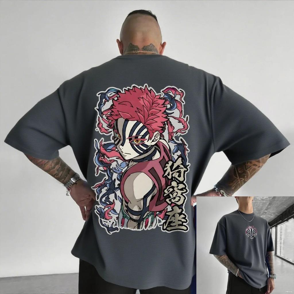 Oversized Demon Slayer Akaza Anime Men's T-shirt Cotton Women Short Sleeve Tops Summer Streetwear Graphic Tee Casual Y2k Clothes