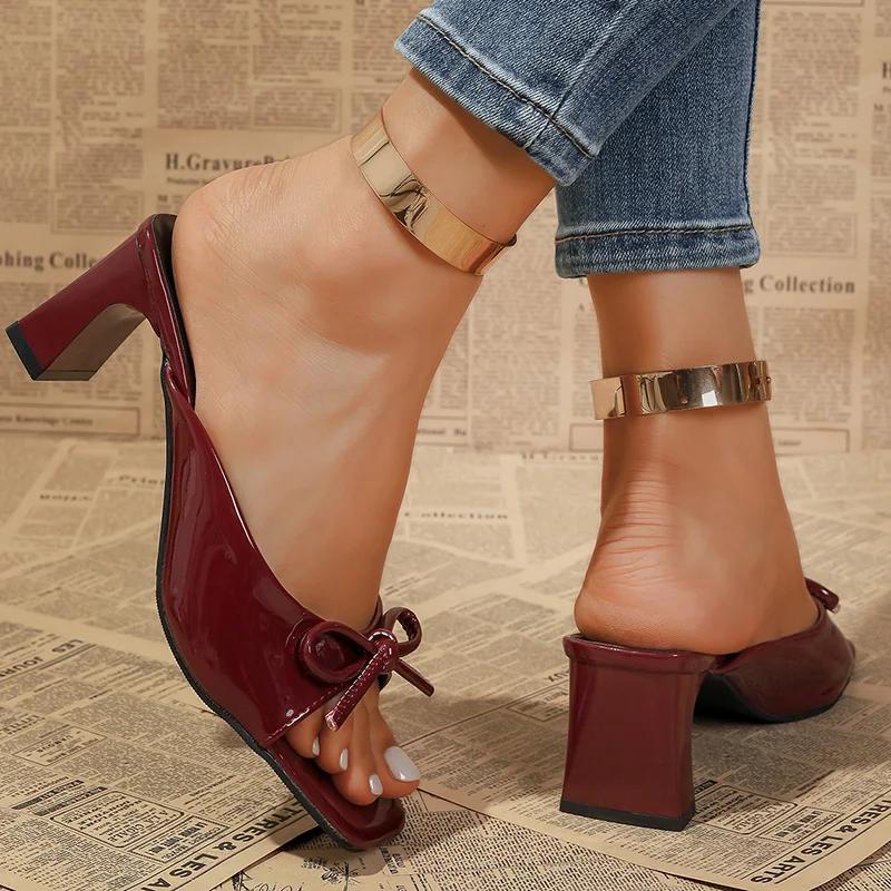 Fashion Elegant Ladies Slip On Bowknot Sandals 2025 Patent Leather Square Toe High Heels Mules Shoes Woman Plus Size 42 Sandalias Mujer