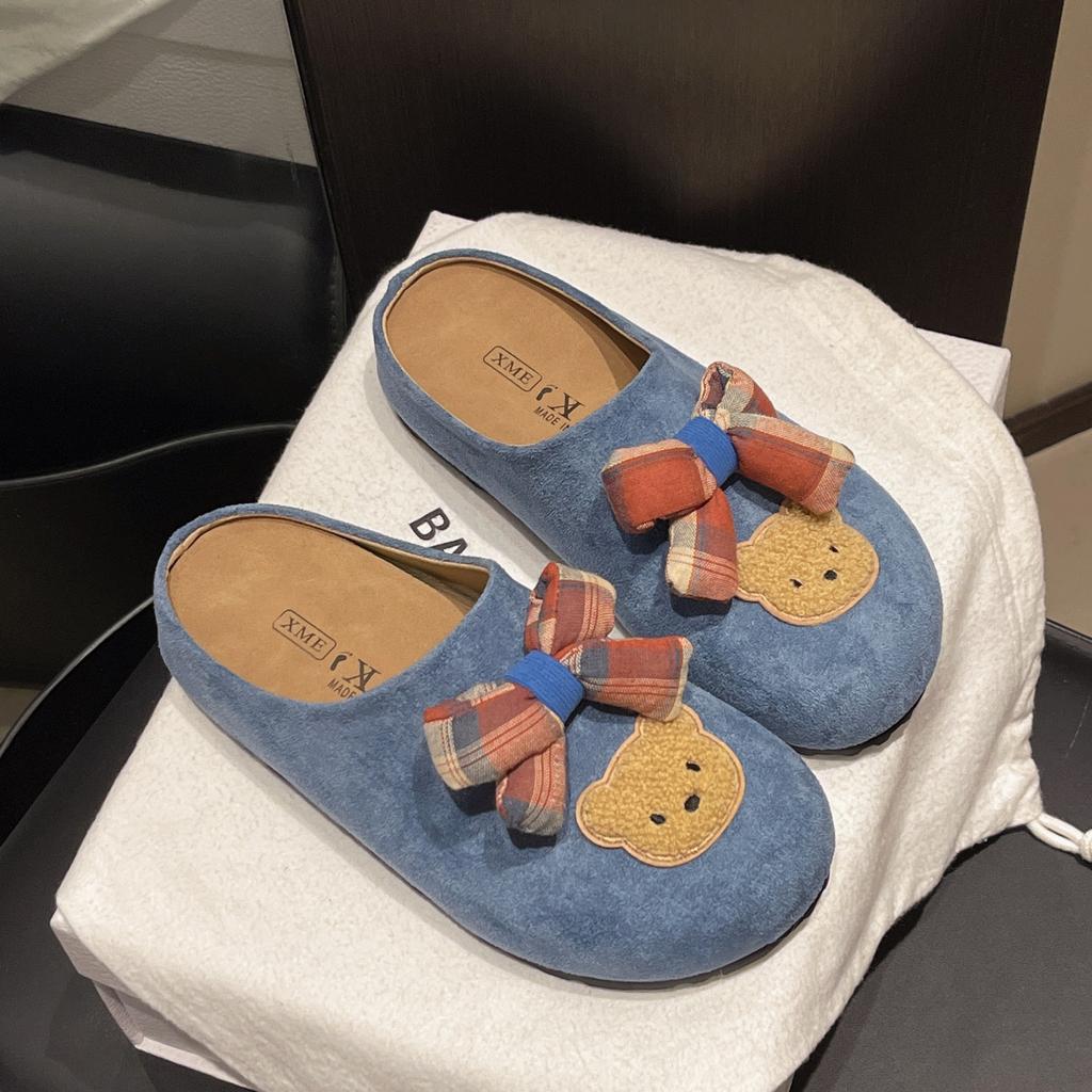 Autumn and winter fluffy shoes women's shoes women's one-word drag cute bear cartoon platform outdoor velvet thermal casual flat slippers