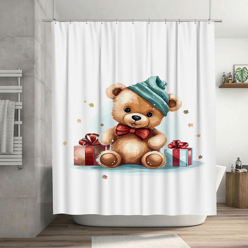 

Tuniu Cute Bear Christmas Bathroom Shower Curtain Festive Holiday Decor Woodland Animals Gift Wrapping Waterproof Fabric Panel F W60H190(CM)-1 Pcs