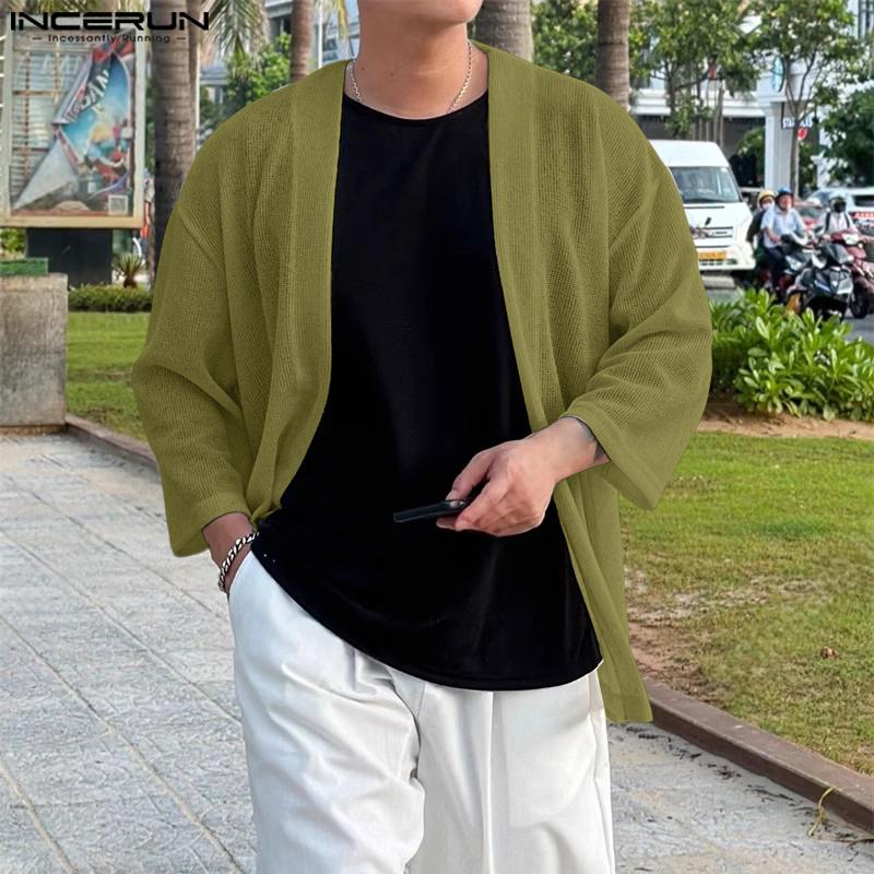 INCERUN Oversized Men Batwing Sleeve Open Front Texture Casual Kimono Cardigan Tops