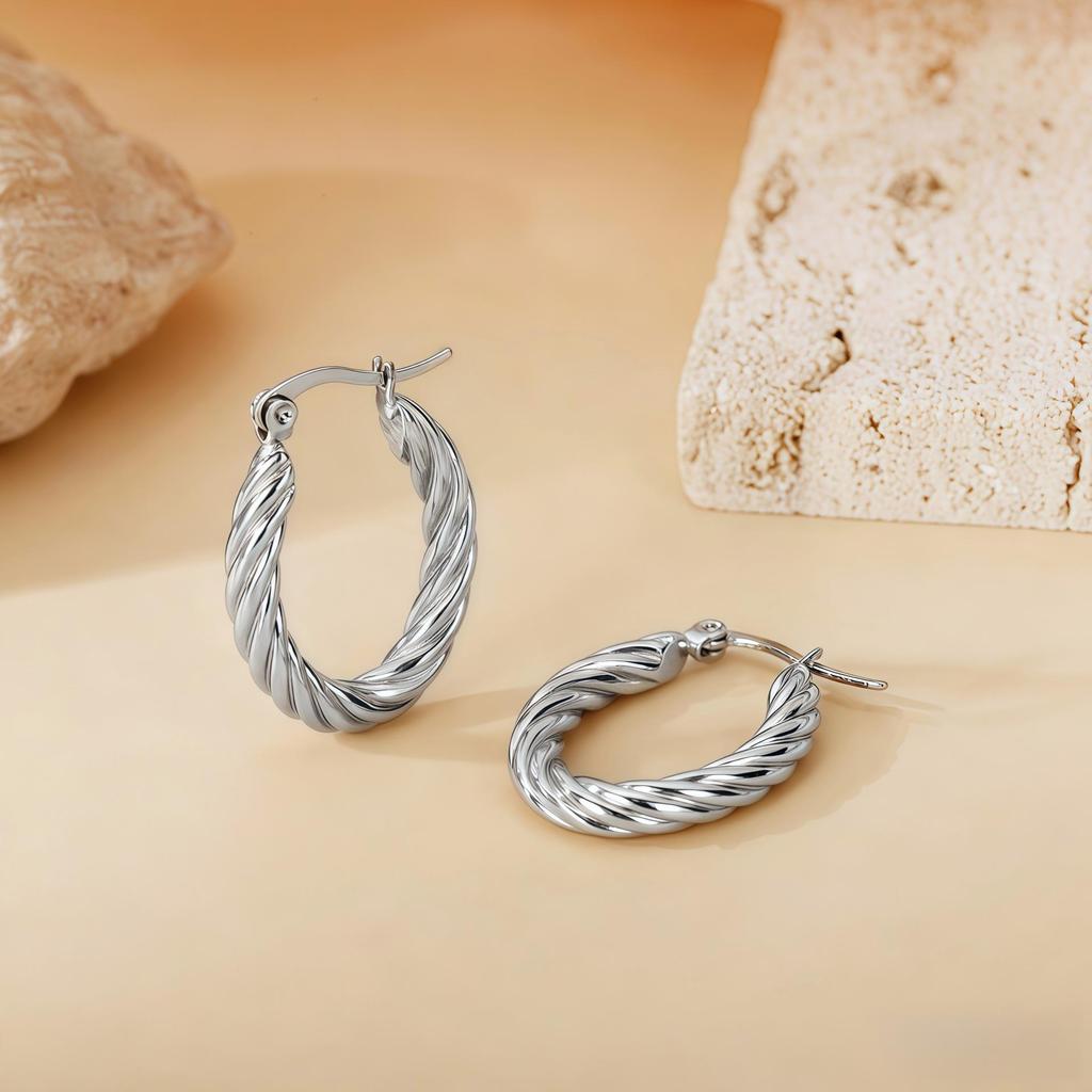 2025 Bestseller Twisted Pattern Hoop Earrings, Titanium Steel, European & American Style, Versatile Design.