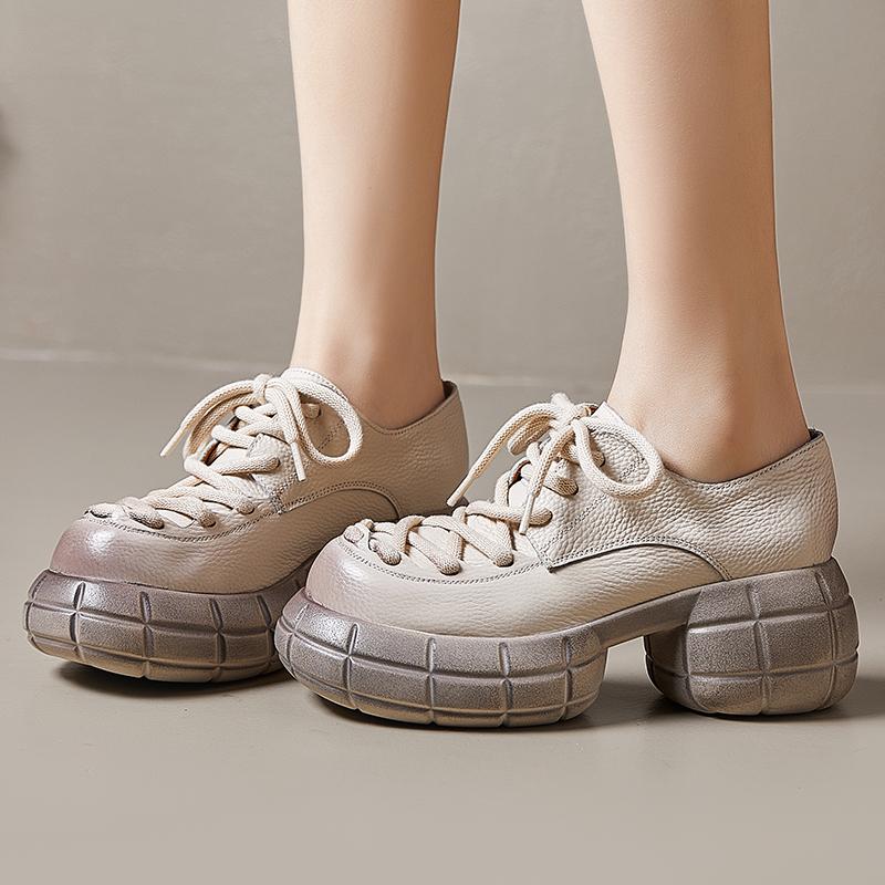 Fashion GKTINOO Genuine Leather 2025 Spring New Round Toe Thick Sole Lace Up Loafers Casual Versatile Women's Flat Platform Shoes