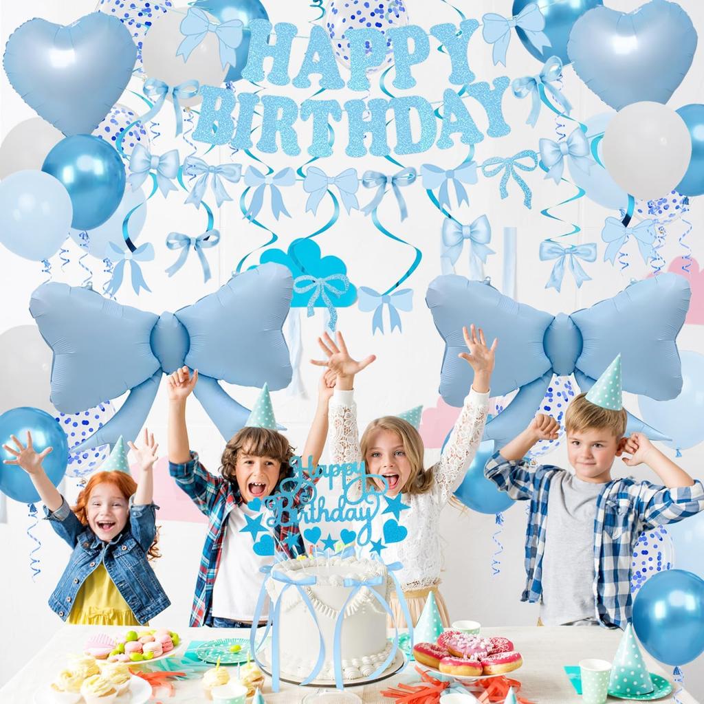Blue Bow Birthday Decorations, Happy Birthday Banner Garland and Hanging Swirls, 28Pcs Balloons, Cake Toppers, Bow Themed Party Decorations for Girls