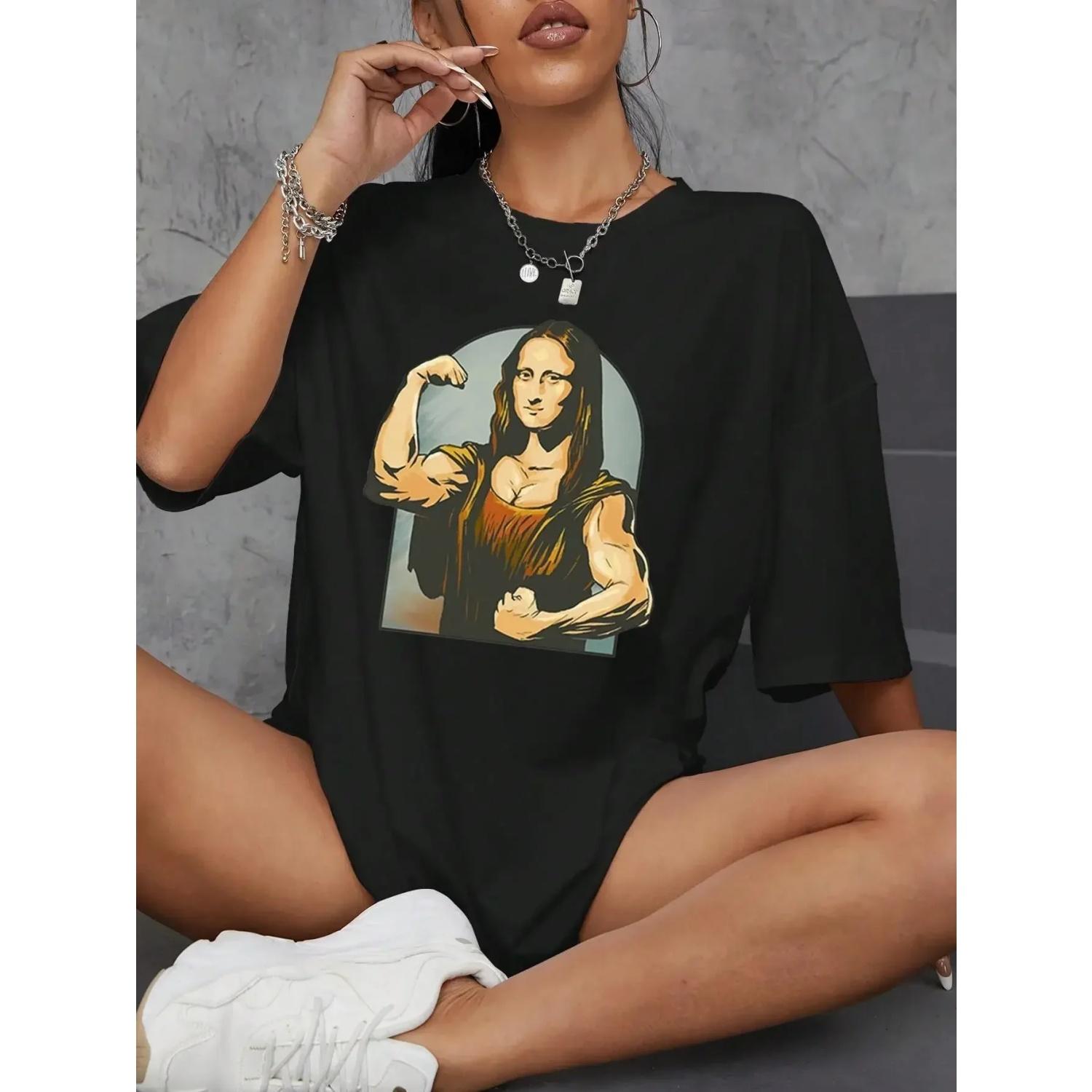 

Playing Pranks on Mona Lisa Fitness Print Womens T Shirt Oversized Casual T-Shirt Casual Short Sleeve Loose Tshirt S чёрный