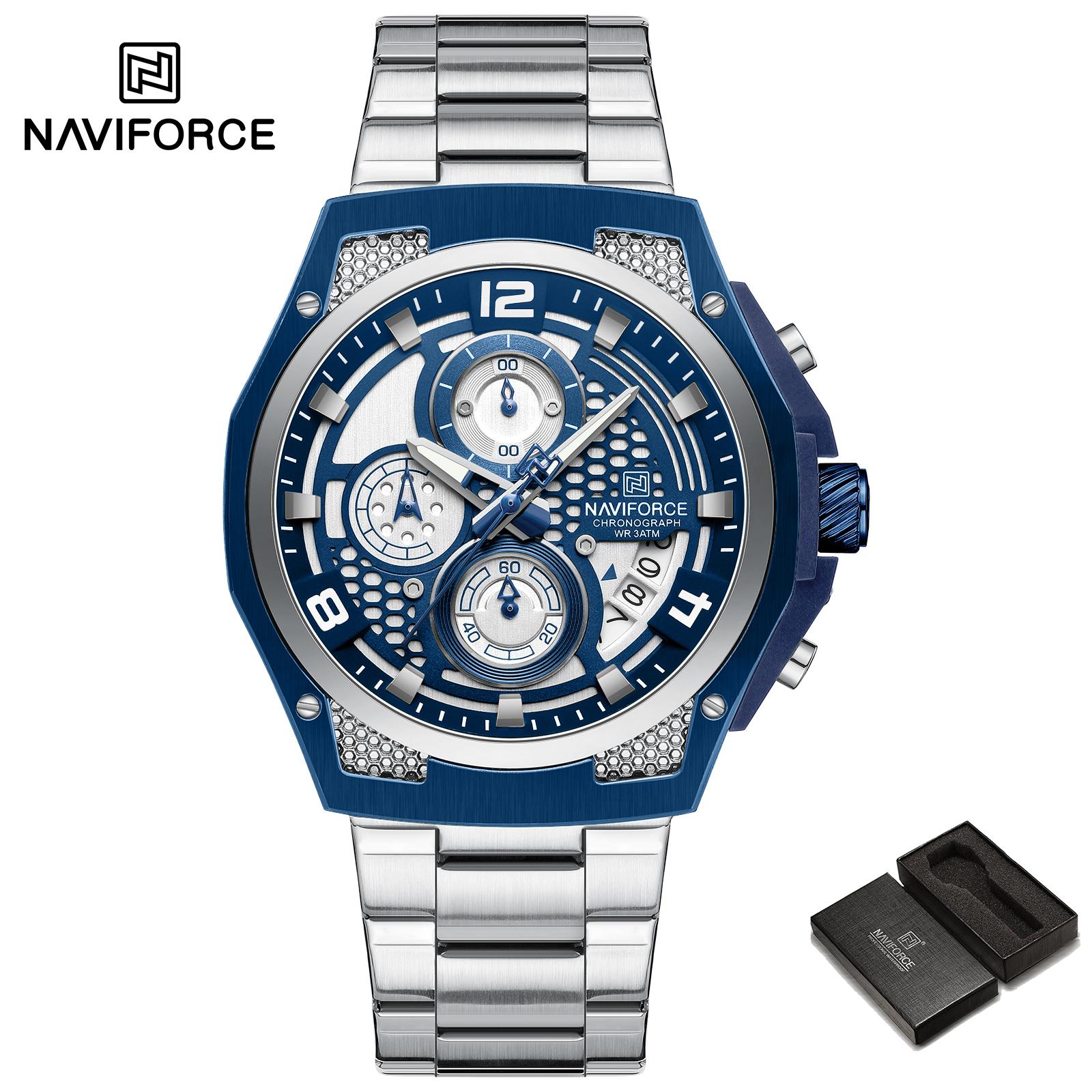 

Naviforce Мужские часы Календарь Хронограф Ремешок из нержавеющей стали Люминесцентные Водонепроницаемые Модные Повседневные Спортивные Наручные часы для мужчин NF8051S серебряный/синий