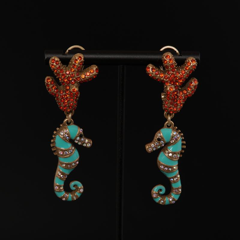 [HF]#1Pair Vintage Micro Diamonds Earrings For Woman Coral Seahorse Enamel Jewelry Gift High Quality Elegant Accessories