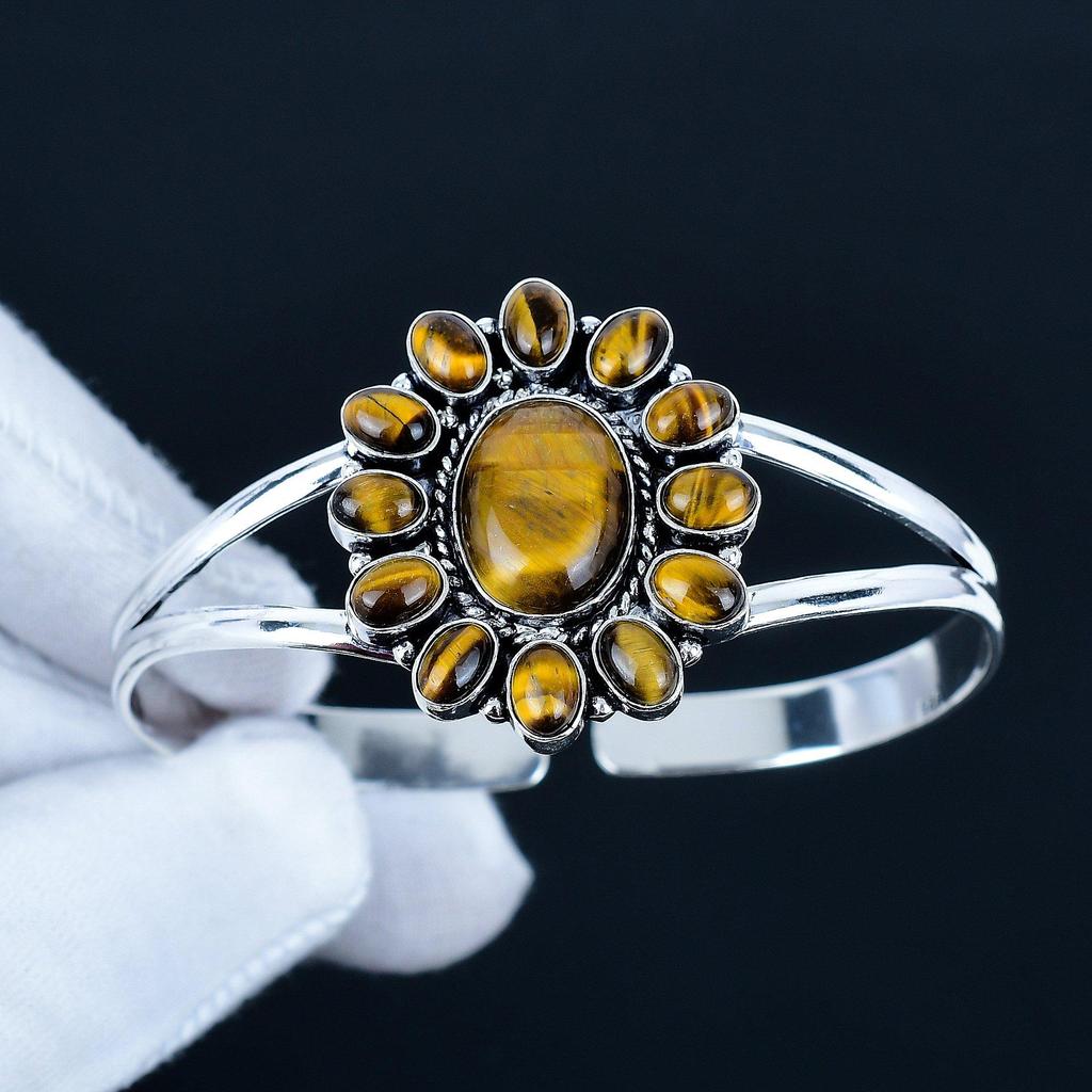 Natural Tiger Eye Gemstone Handmade Cuff Bangle 925 Sterling Silver Cuff Bangle, Tiger Eye Flower Shape Bracelet For Wife, Unisex Bangle