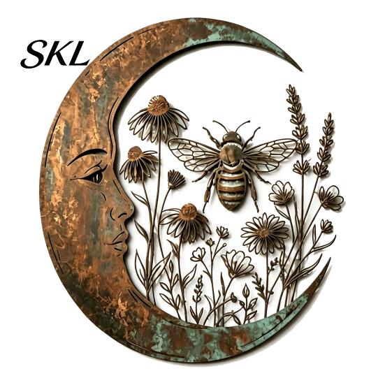 Durable Metal Craft for Garden Vintage Crescent Moon Wall Art, Fairy Witch Bee Dragonfly Iron Hanging Sculpture Decor, Patio Indoor Home Housewarming